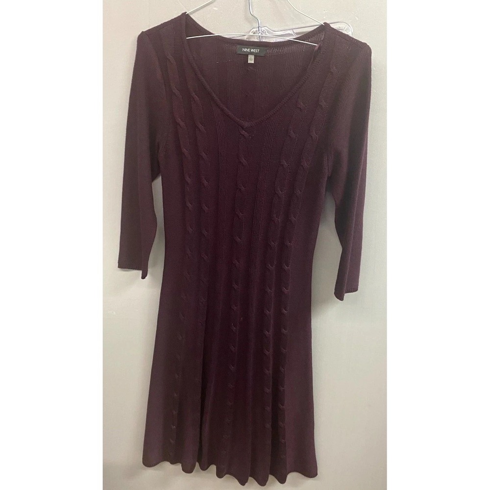 Nine West Sweater Dress Womens Large Maroon Cable Knit V Neck Cocktail Party